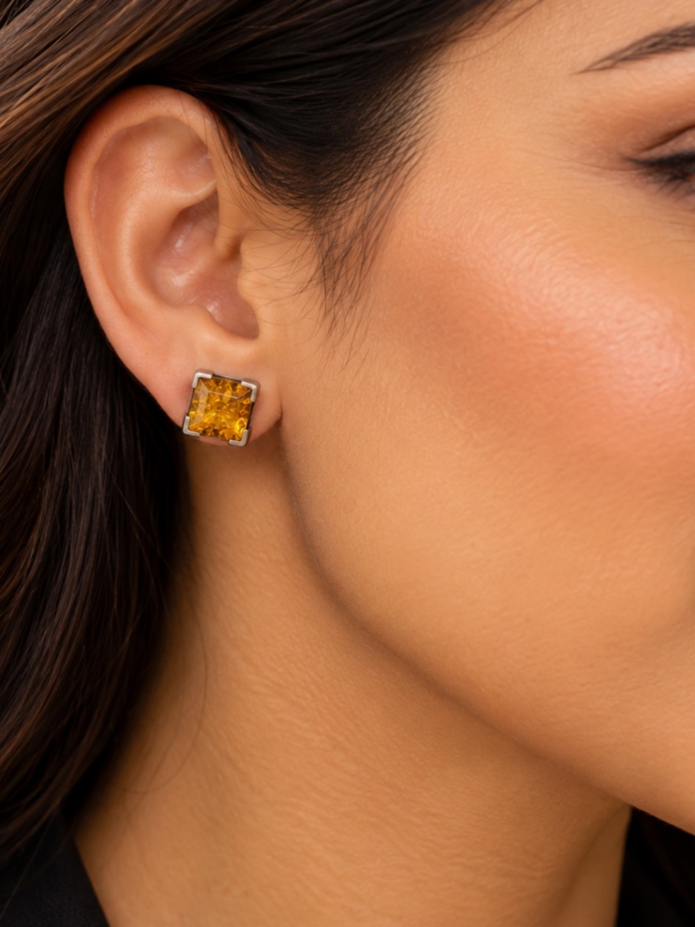 925 Sterling Elegant Amber Square Stud Earrings